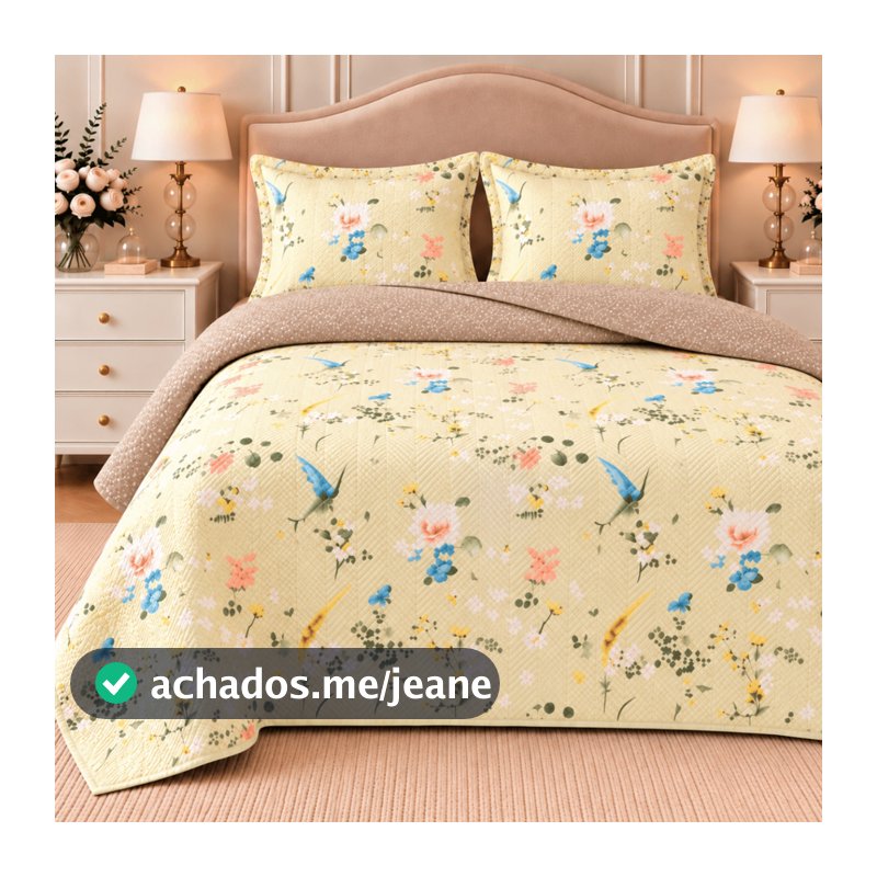 Kit Cobre Leito Colcha King Size Dupla Face Floral 3 Peças Boutis Matelassê Estampada Microfibra