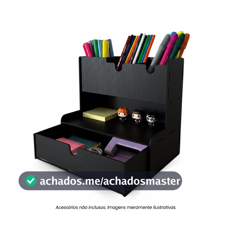 Organizador de Mesa Em Madeira Preto Porta Treco e Porta Lapis Escritório Home Office