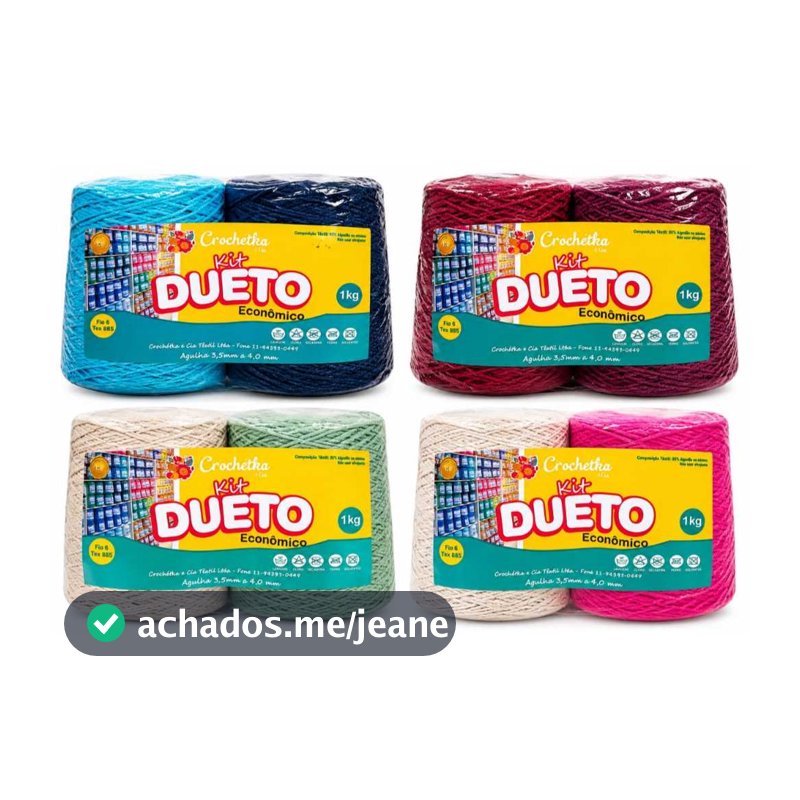 Barbante Dueto Crochétka 1kg fio 6, 500g de  cada cor. As cores disponíveis são as que estão em variações.
