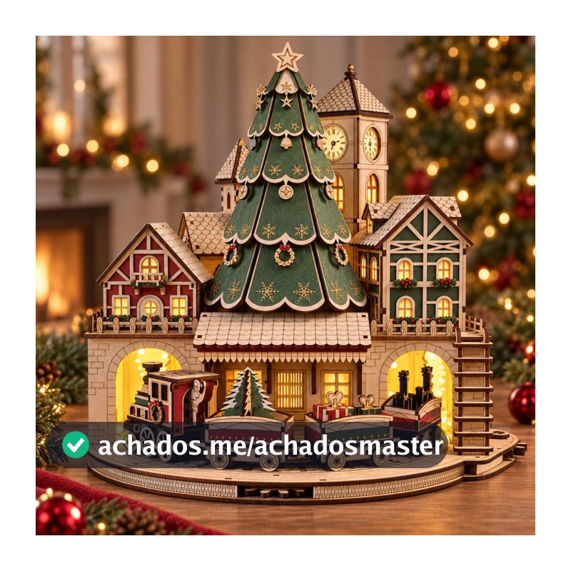 VILA DE NATAL COM ENGRENAGEM QUE RODA O TREM CENÁRIO VILA NATALINA COM PAPAI NOEL E ÁRVORE DE NATAL EM MDF 3mm 1ºLINHA