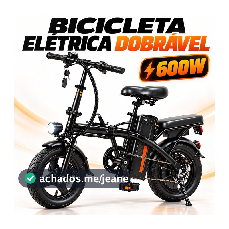 Bicicleta Elétrica Dobrável 600W Aro 14 Bateria de Lítio Removível 48V 12Ah com Freios a Disco Duplos