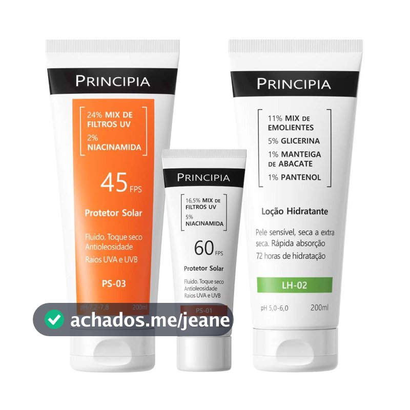 Principia Kit Praia Trio c/ Loçao Hidratante LH-02 + Protetor Solar Facial PS-01 FPS60 + Protetor Corporal PS-03 FPS 45