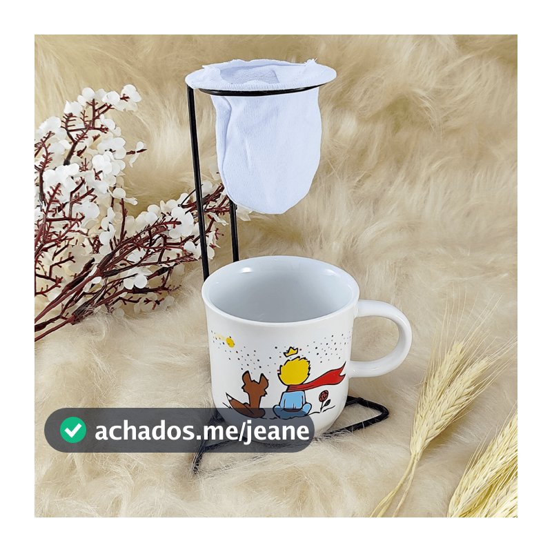 Jogo Xícara Caneca 200ml Café Chá Ágata Porcelana Pequeno Príncipe + Mini Suporte Coador