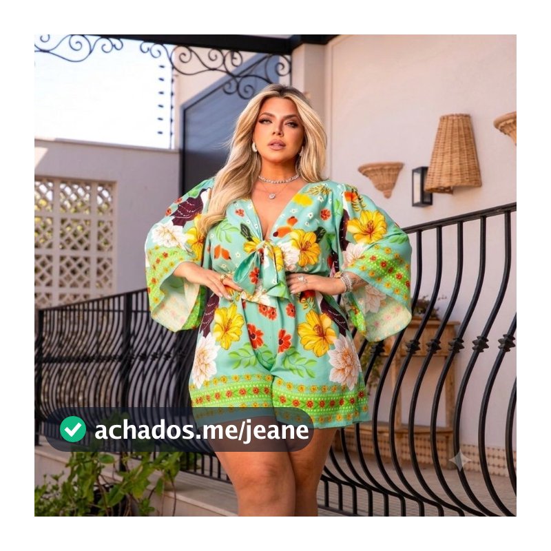 Macaquinho Plus Size Floral Amarração Decote V Manga Ampla Macacão Curto Feminino