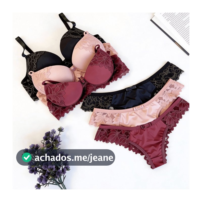 Kit 3 Conjuntos Lingerie Calcinha e Sutiã de Bojo com Detalhes em Renda Moda Intima Promoção