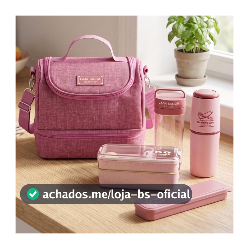 Kit de Bolsa Térmica c/ 2 Compartimentos, Copo e Marmita, Porta Talher e Porta Escova