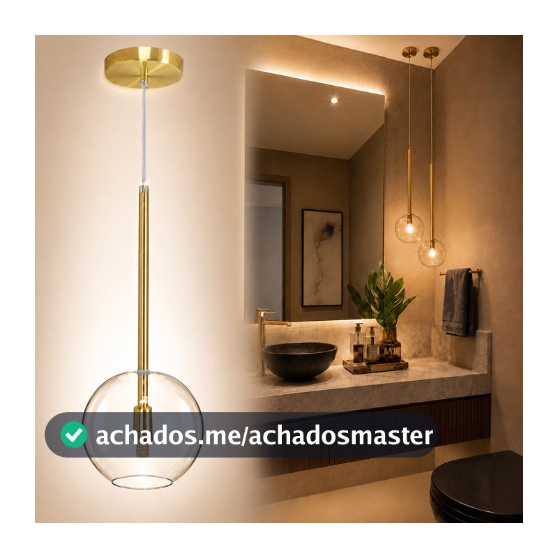 Pendente Lux Dourado Globo Vidro Cristal + Led