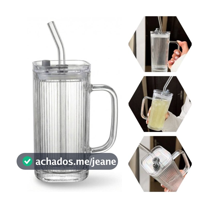 Copo de Vidro com Tampa e Canudo de Vidro 250ml Quadrado com Alça