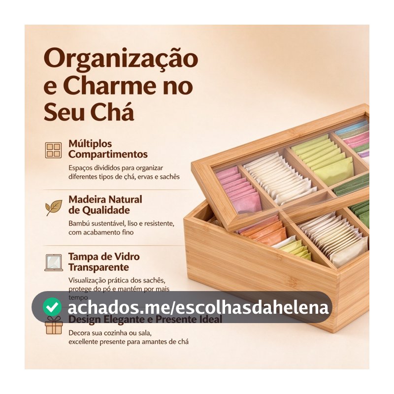 Organizador Porta Chá Sachê Bambu Caixa Decorativa Bijuterias 6/8 Divisórias Especiarias
