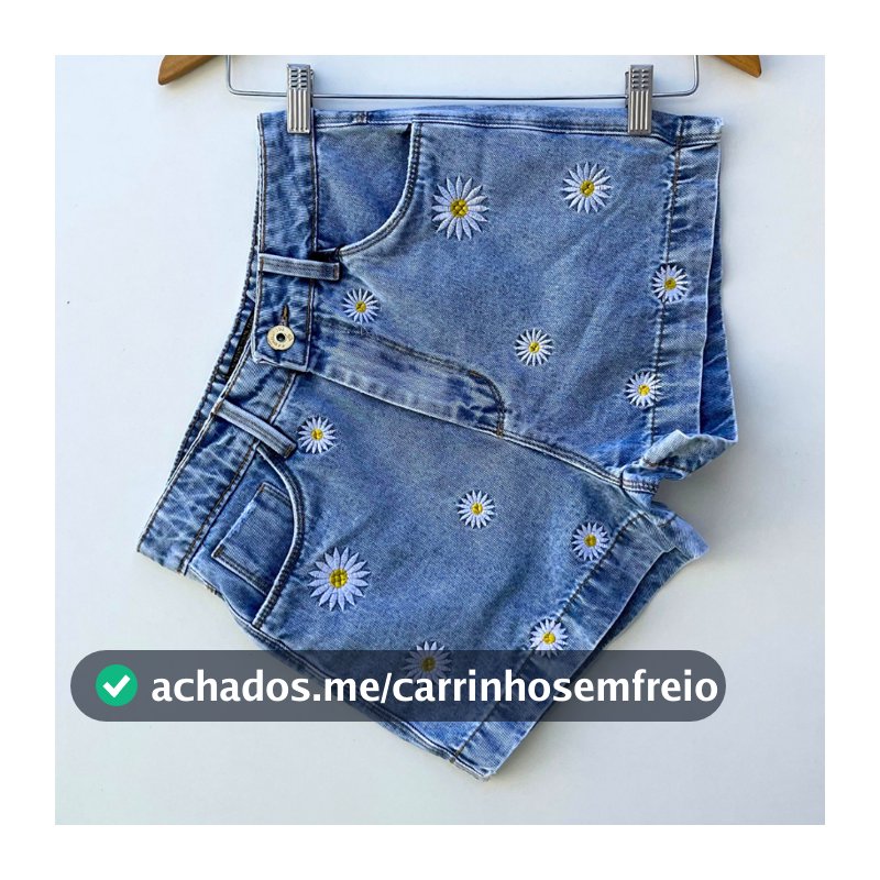 Short jeans feminino cintura alta bordado margarida