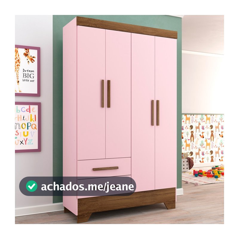 Guarda-Roupa Infantil 4 Portas 2 Gavetas Rosa/Nature - Panorama Móveis