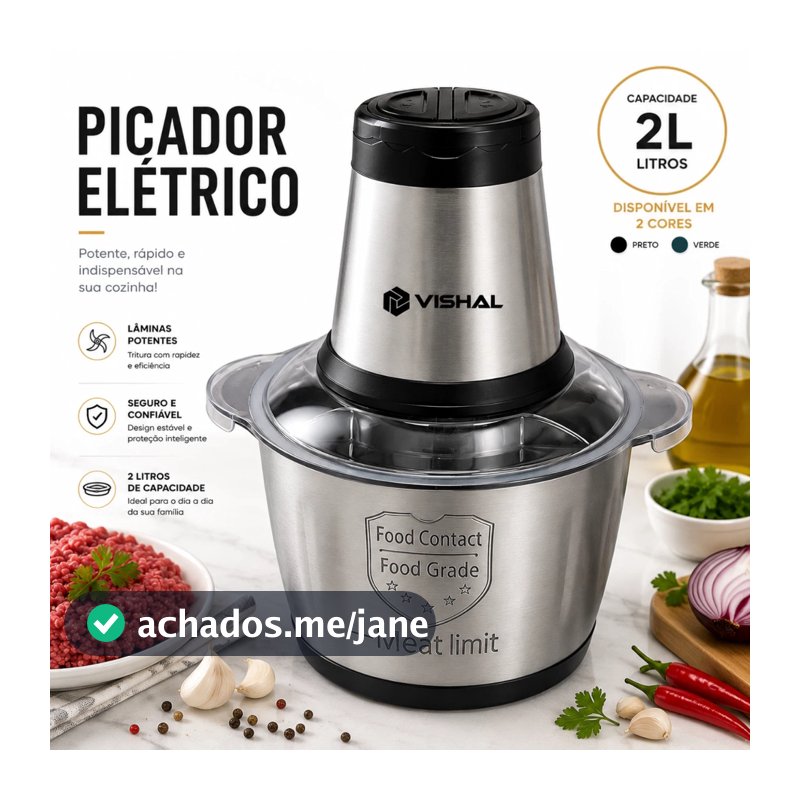 2 Litro Triturador De Alimentos Carne e Legumes Elétrico Multiprocessador 2 Modos Bivolt Inox Fácil De Limpar