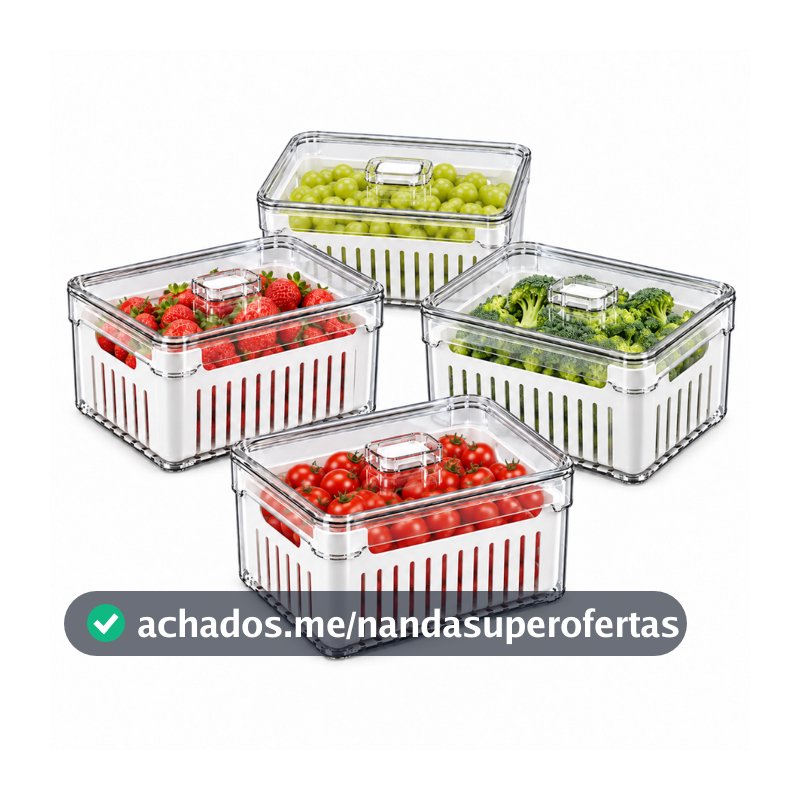 【Cozena】Kit 4 Potes Acrílicos Organizadores de Geladeira 2,2L com Cesto Escorredor Tampa para Frutas Legumes e Verduras