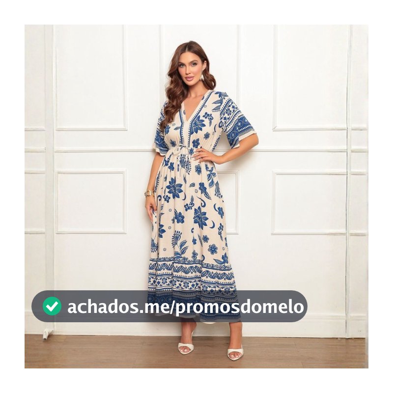 Vestido Estampado Longo Feminino Viscolinho com Decote V Manga Curta