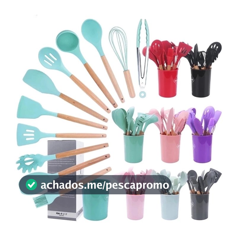 Conjunto de cozinha, incluindo 5/12 peças de talheres e copos de silicone, rack de cozinha, alça de madeira Su