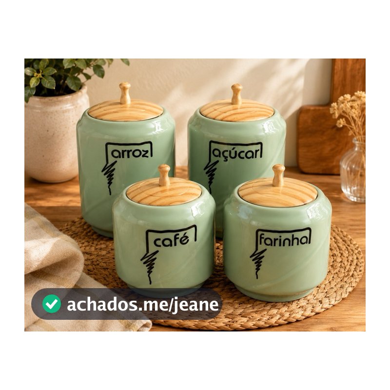 Kit 4 Potes para Mantimentos Verde com Tampa de Madeira💚