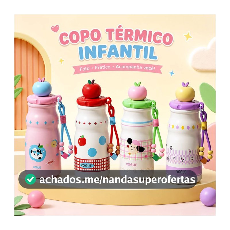 Garrafa Térmica inox Infantil Portátil 500ML Com Desenho e Alça para Criança Transporte Escola