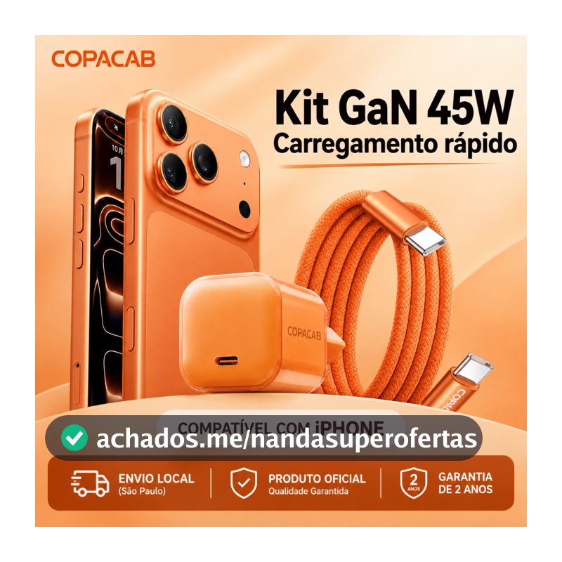 Fonte carregador 45W PD USB - C Super Rápido + Cabo USB-C para iPhone 15 16 17 18 Pro Max e Samsung/Android original