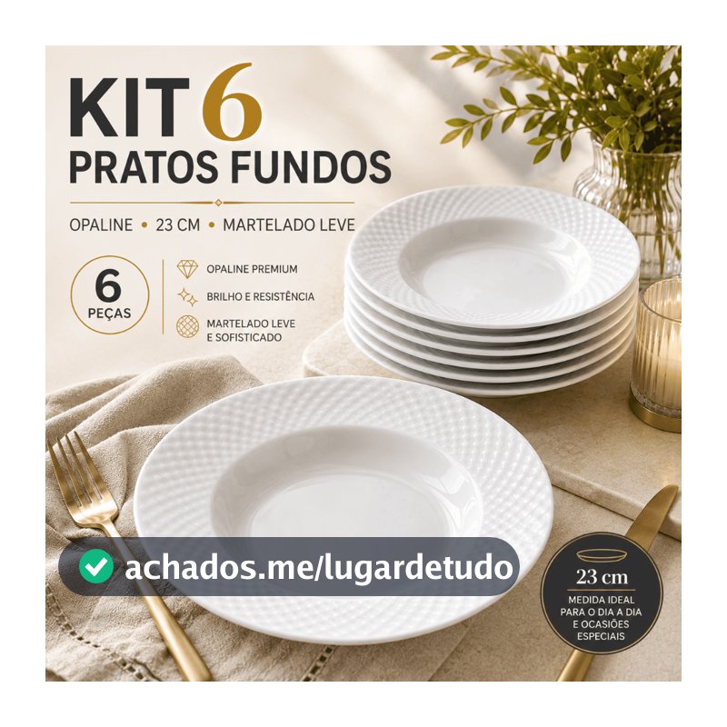 Kit 6 Pratos Fundos 23cm Opaline Branca Borda Martelada