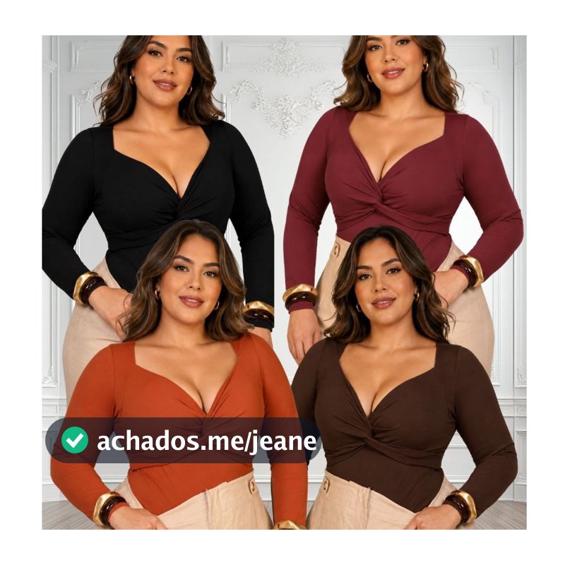 Body Feminino Plus Size Manga Longa Malha Ribana Decote V