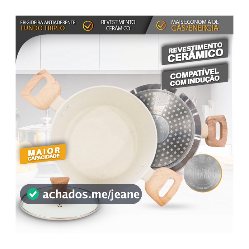 Caçarola Panela 2,4L Antiaderente Fundo Triplo com Tampa de Vidro – Cabo Efeito Madeira