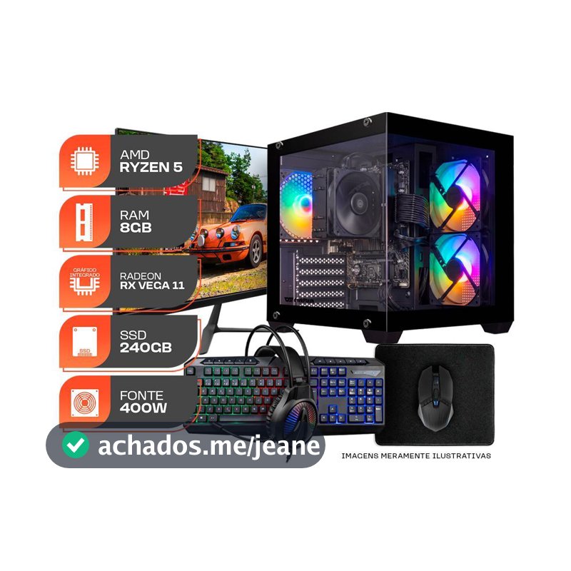 PC Gamer Forge, AMD RYZEN 5 3400G, Radeon Vega 11, 8GB DDR4, SSD 240GB, Completo com Monitor 21 e Periféricos