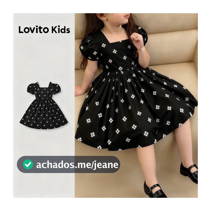 Lovito Kids Casual Vestido Fofo Delicado Floral Babado Primavera/verão Preto para Menina L168LD183