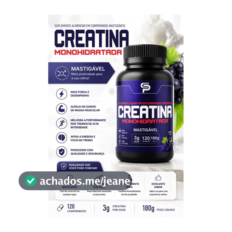 Creatina Pura Mastigável 120 Comprimidos Monohidratada Creapure Sabor Uva Tabletes Energia Atletas