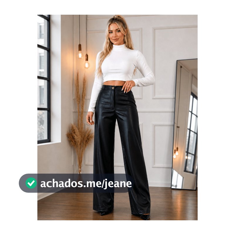 Calça Feminina Pantalona Premium Couro Fake Cintura Alta Wide Leg com Bolso Preta