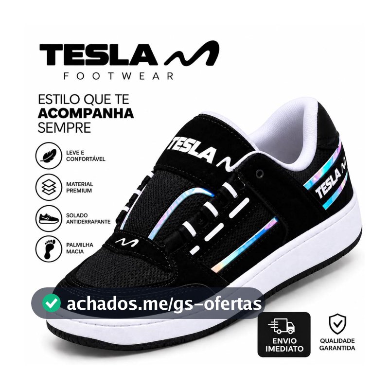 Tênis Tesla Casual Masculino Feminino Preto/Branco Confortável Holográfico