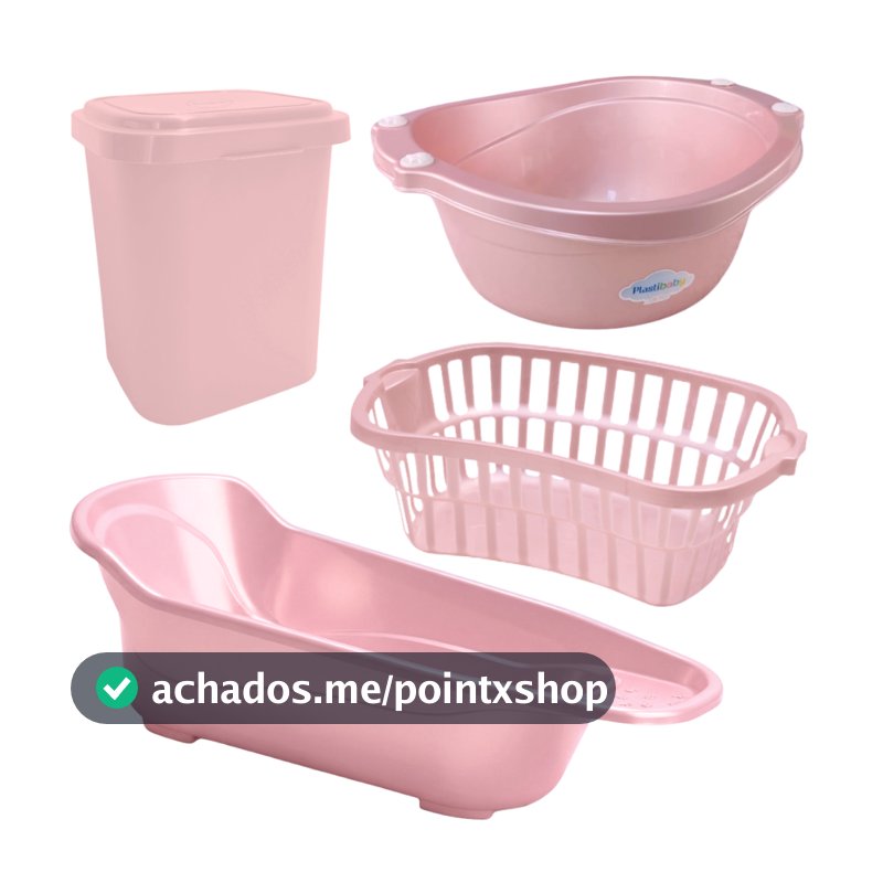 Kit Banho Bebê Plastibaby 4 Peças Azul Rosa Lilás Menino Menina Banheira Lixeira Saboneteira