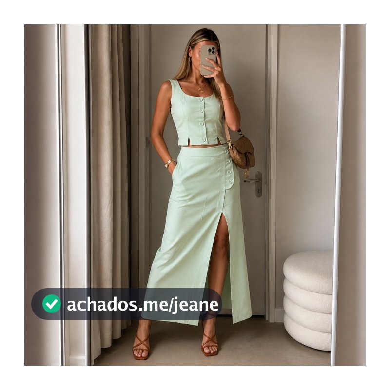Conjunto Feminino Linho Alfaiataria Colete + Saia Longa com Fenda Botões Elegante Moda 2026