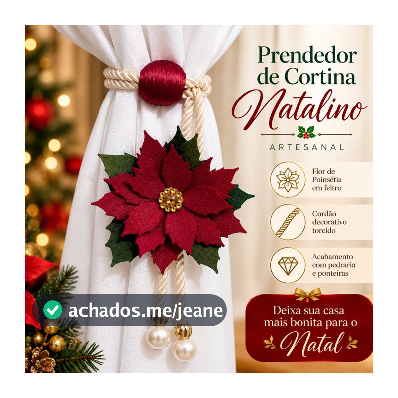 Prendedor de Cortina Natalino Flor de Poinsétia em Feltro Artesanal Natal Clássico
