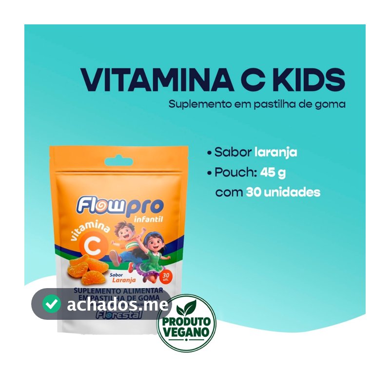 Vitamina C Infantil FlowPro Kids Sabor Laranja Suplemento em Goma Pouch com 30 Unidades de 45g