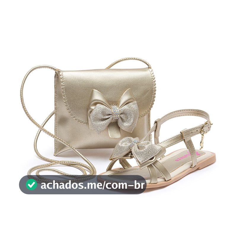 Kit Sandália Rasteirinha Infantil Feminina com Bolsa Dourado Laço Brilho BB&Kids