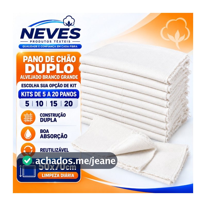 Pano De Chão Grande Branco 50x70 Cm Branco Neves 100% Algodão Duplo 75 Gr Saco Alvejado Pano Duplo