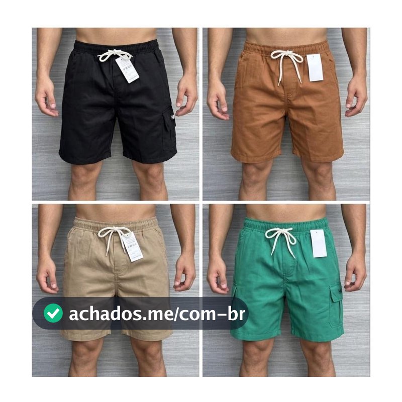 Shorts Masculino Cargo Sarja  Brin Com Bolsos Laterais Logo Bordado Cordão de Ajuste Na Cintura