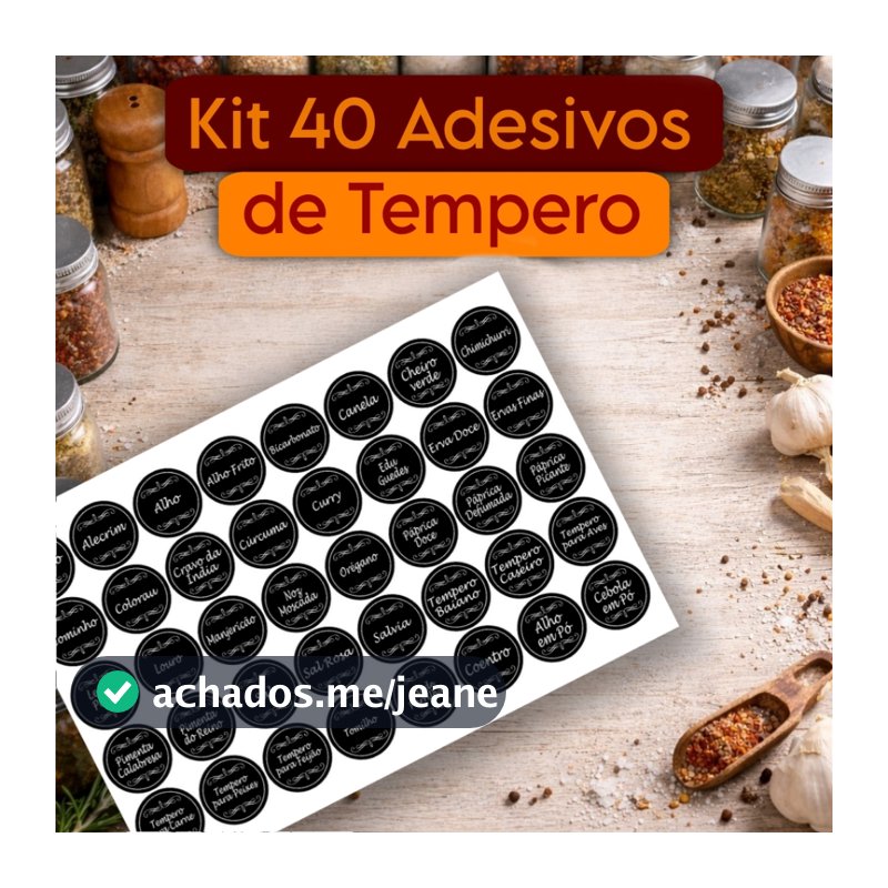 Kit 40 Adesivos Etiquetas para Temperos Papel Glossy – Organização de Potes Cozinha