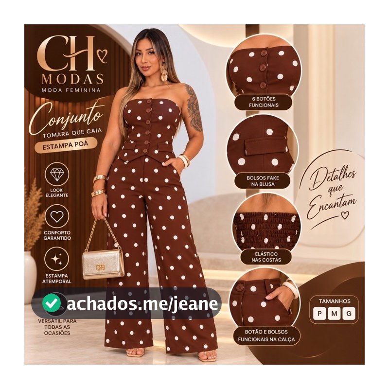 Conjunto Feminino Tomara que Caia Poá Calça Pantalona 6 Botões Funcionais Elegante Moda Feminina Look Festa Casual