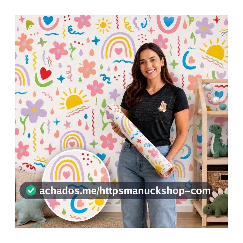 Papel de Parede Infantil Autocolante Arco-Íris Soft Color para Quarto de Menina