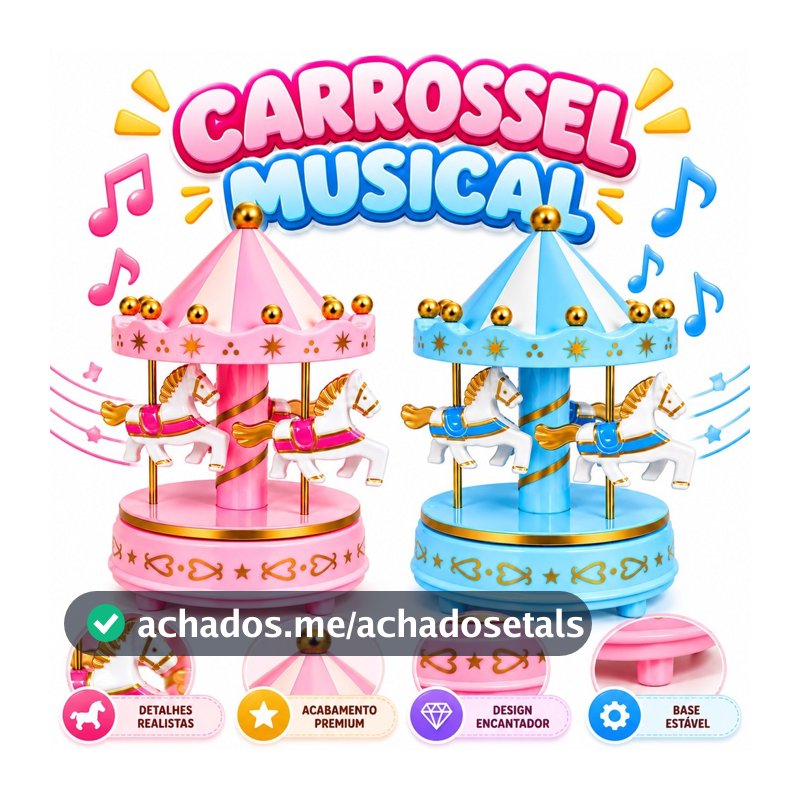 Carrossel Musical Caixa Musical Decoração Quarto de Bebê Cavalinhos de Corda 20cm