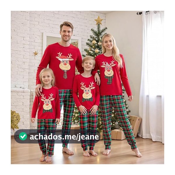 Natal Combinando Pijamas Rena Impressão Manga Longa Camiseta E Calças Xadrez Elásticas Conjunto Loungewear Macio