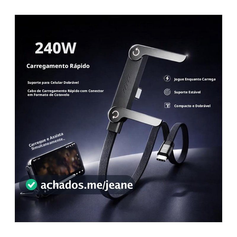Cabo Carregador Invisível 2 em 1 240W Super Rápido Duas Pontas Type-C Preto Ideal para Carro Jogos Mag Safe Suporte Dobr
