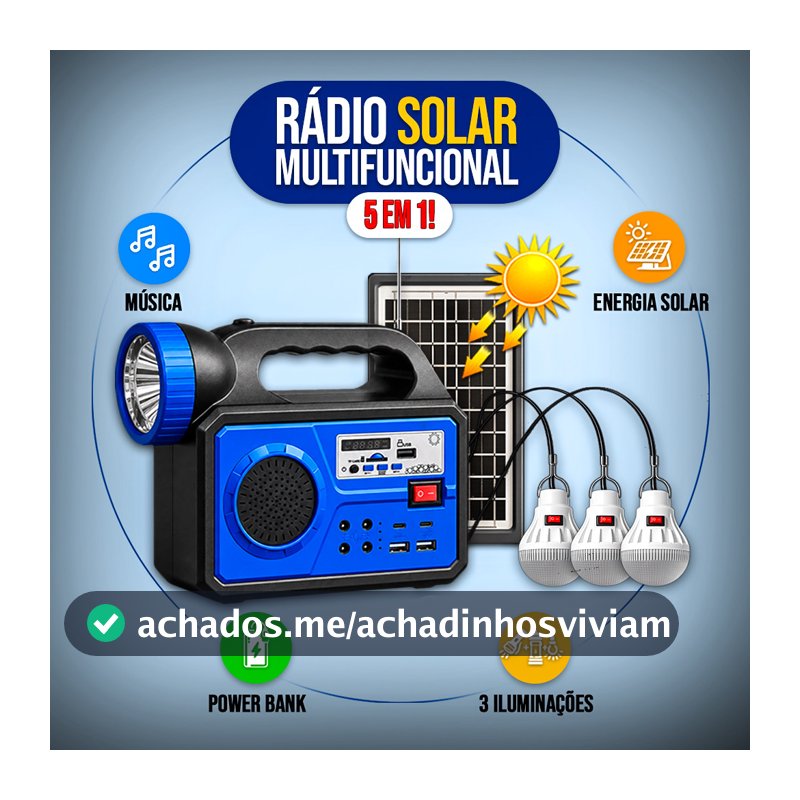 Rádio Solar Multifuncional 5 em 1 Bluetooth FM Power Bank Lanterna LED Painel Solar 3 Lâmpadas