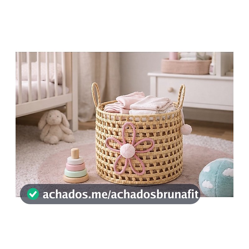 Cesto Organizador com Alças Infantil em Palha Natural Flor 35x25