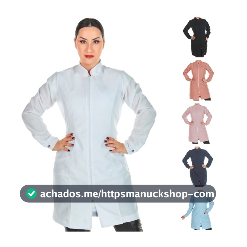 Jaleco Feminino Acinturado Oxford Manga Longa Com Zíper Gola Padre Várias Cores Estética Enfermagem