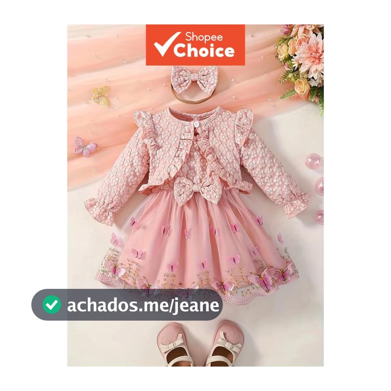 Doce Estilo Borboleta Bordado Meninas Rosa 3D Dot Jaqueta Vestido Bandana Conjunto Nova Chegada Roupa De Verão Para Bebê