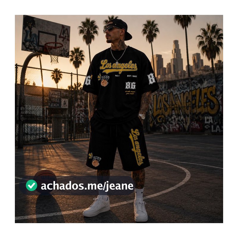 Kit Roupa Masculina Camisa Masculina Algodão e Bermuda Short Moletom Los Angeles 86 Streetwear