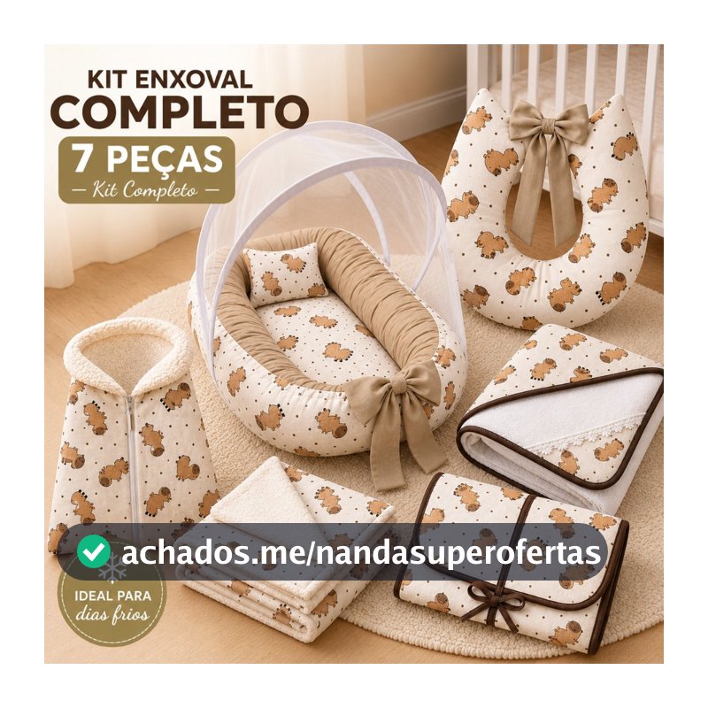 Kit Enxoval Bebê Premium Completo 7 Peças Ninho Mosquiteiro Almofada Trocador Toalha Manta Inverno