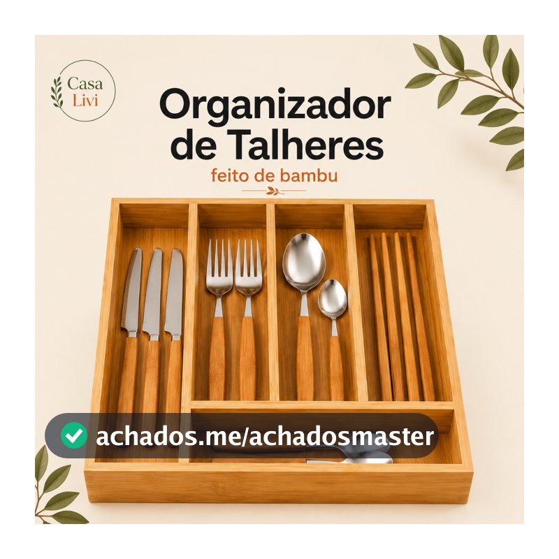 Porta Talheres Mdf + Bambu Organizador com 5 Divisórias para Gaveta cozinha 28 x 34x 4,5 cm